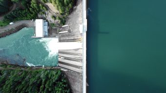 Aerial view of a dam and reservoir.