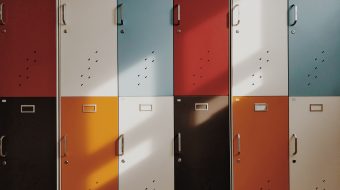 A row of multicolored school lockers.