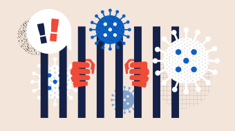 An illustration of hands on prison bars with covid viruses floating about.